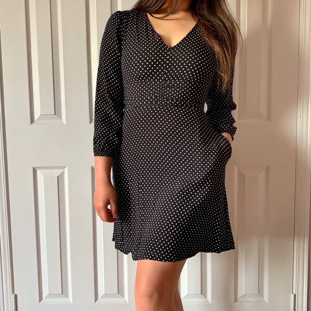 Fit and Flare Long Sleeve Ruched V-Neck Dress